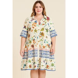 Sugarlips Ivory Multi Embroidered Linen Blend Tiered Boho Style Dress 2X NWT